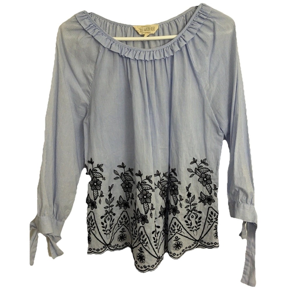 Sweet Wanderer Blouse‎ Womens L Blue White Striped Floral Embroidered Ruffle Bow